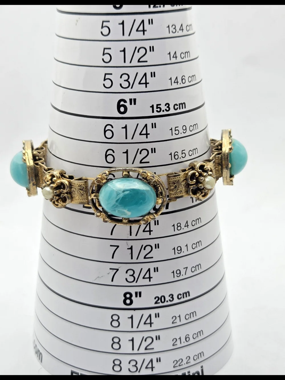 Vintage Gold Tone Faux Turquoise Pearl Panel Bracelet Filigree Etched 7 Inches